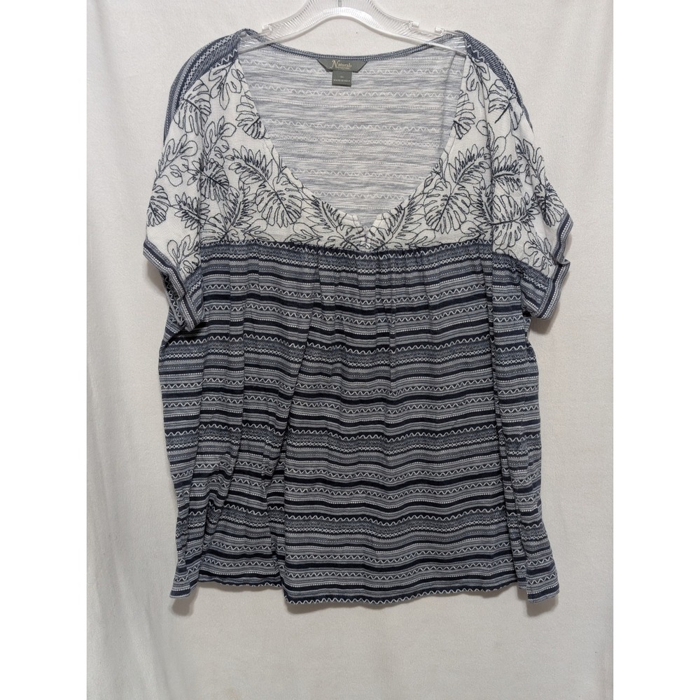 Natural Reflections Womens 3X Navy Blue White Embroidered Floral Top V-Neck